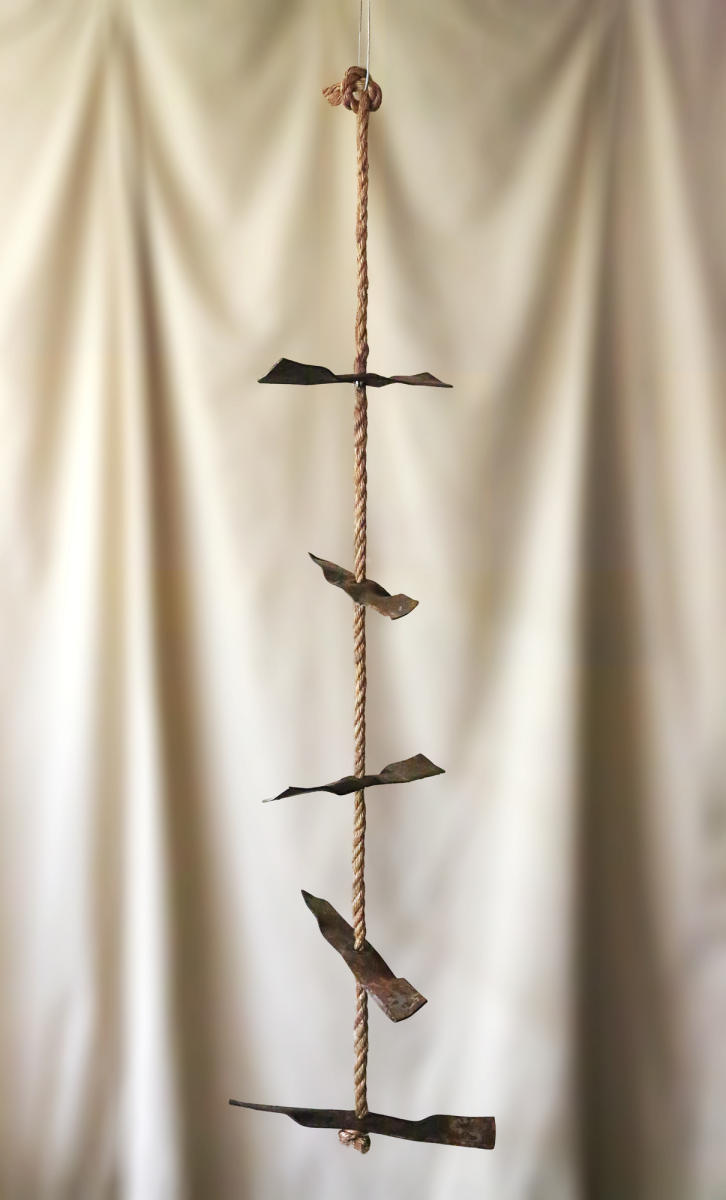 'JOHN, DEAR'* - 2016
 (72"x19"x19")
rope, salvaged tractor blades. 
Winner of Best of Show at Waverly Street Gallery, 2017. Curator: Dr. Oliver Shell
*kinetic