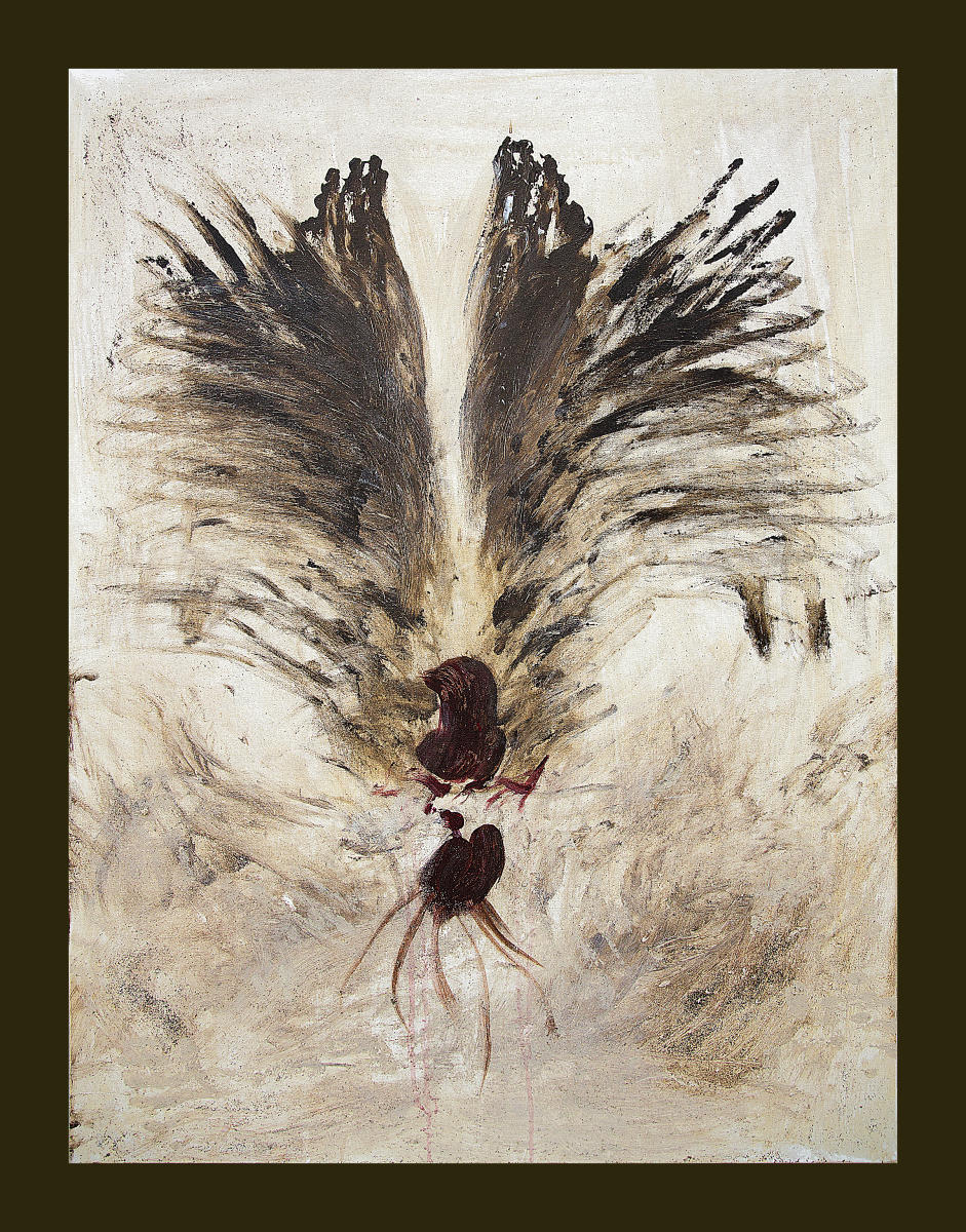 'THE RISING' - 2014  (36"x48")
acrylic on canvas, coffee with grinds. Brown border is for web viewing purposes.