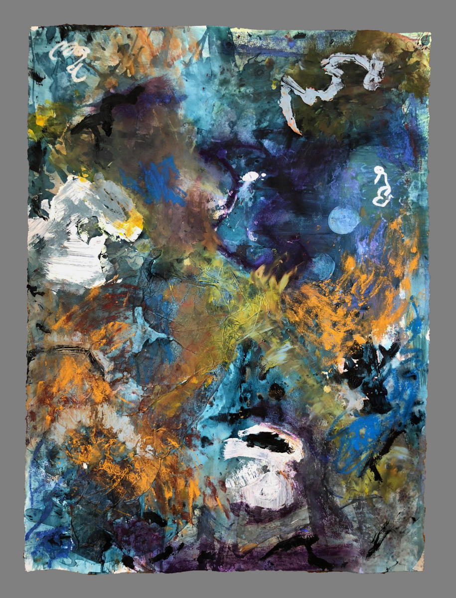 'THE FIREWALK' - 2018 (22"x30")  
acrylic, oil pastel, chalk dust, graphite, collage, and encaustic on paper. (Grey border is for web viewing purposes.)