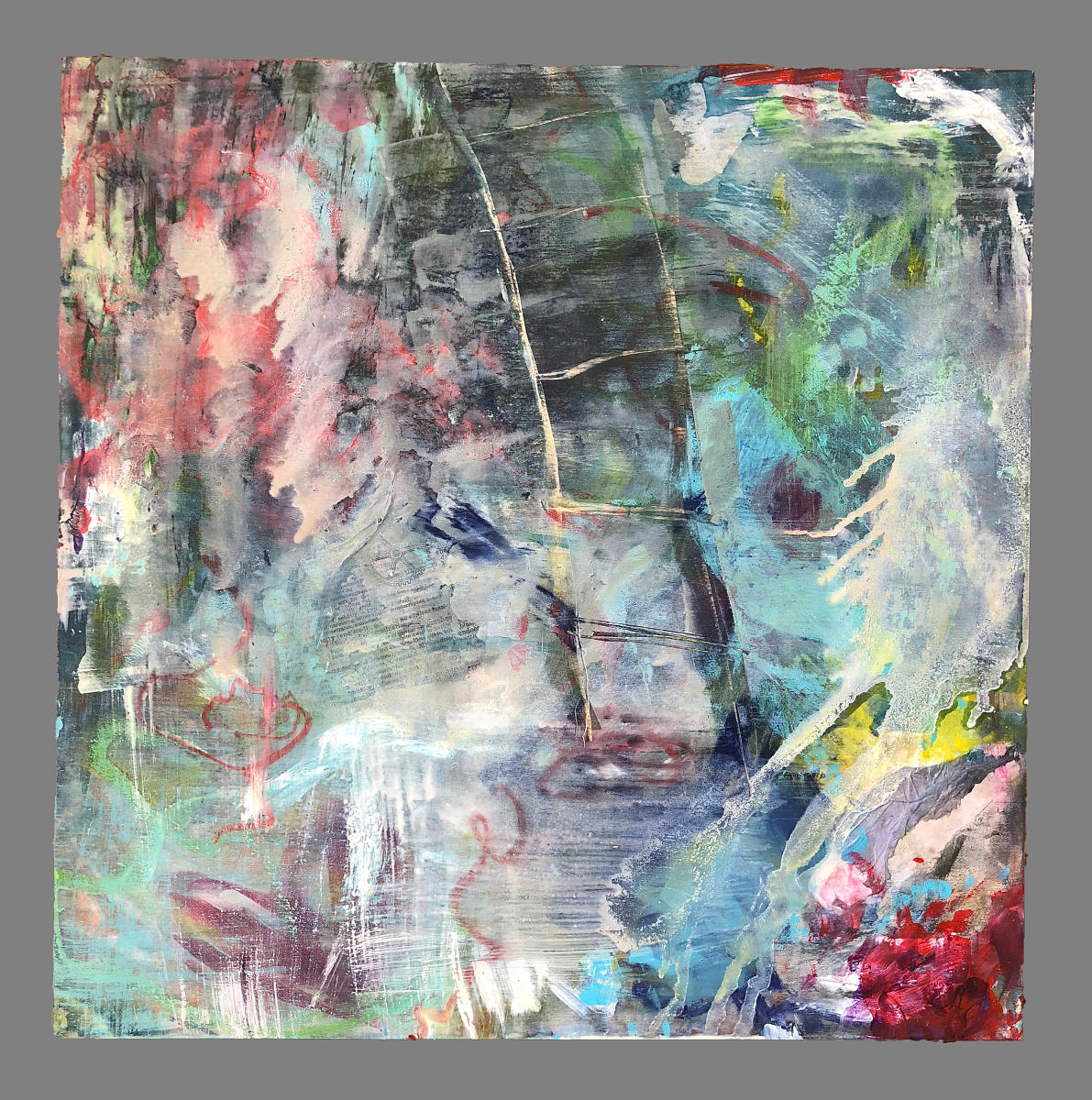 'ENDLESSLY' - 2018 (16"x16"x1.5")  
acrylic, oil pastel, chalk dust, graphite, collage, encaustic on basswood canvas. (Grey border is for web viewing purposes.)