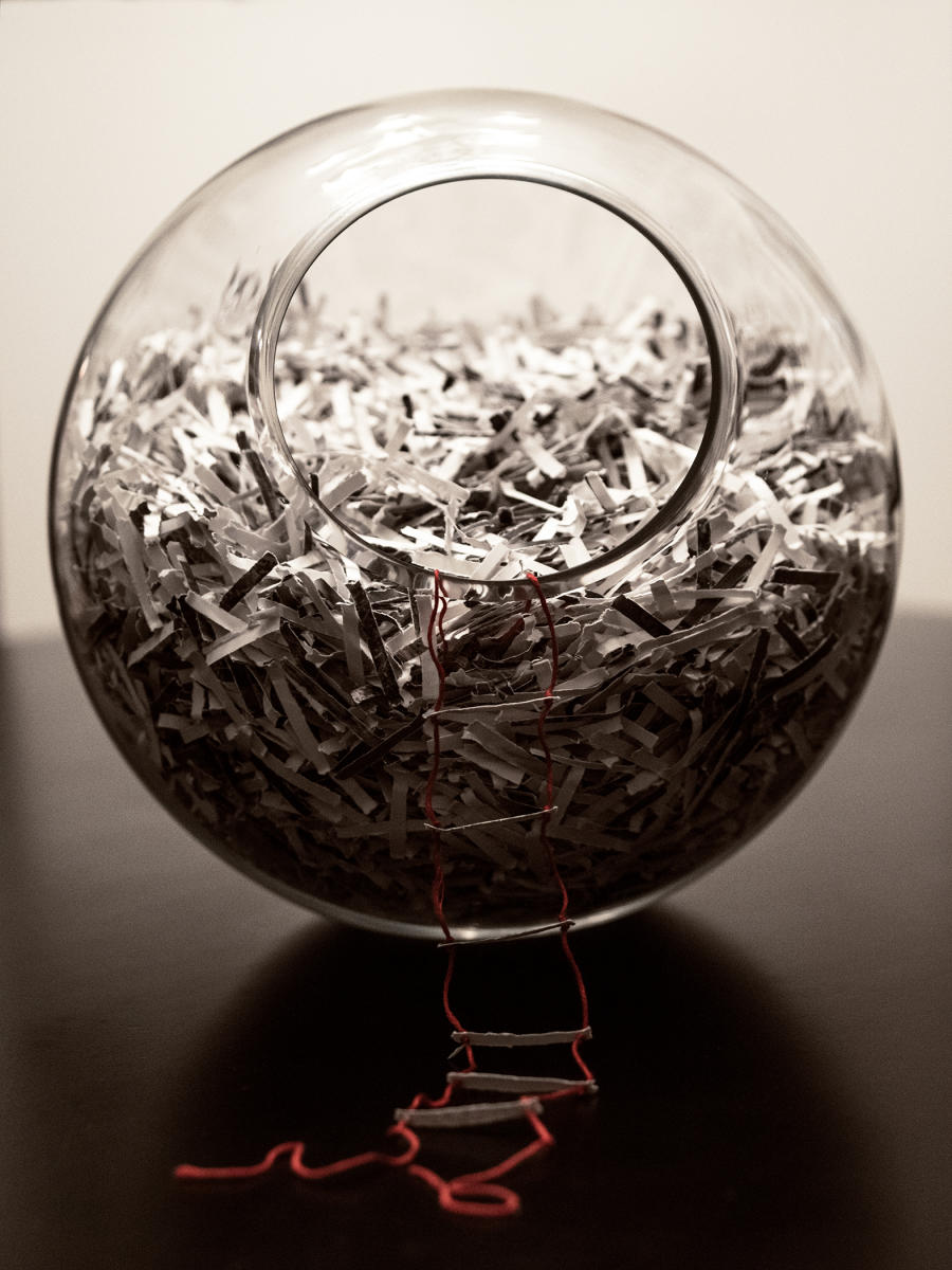 'UNTITLED (Severing Ties with The Past)' -
 2019
(10"x10"x15")
glass, shredded b+w photographs, embroidery thread